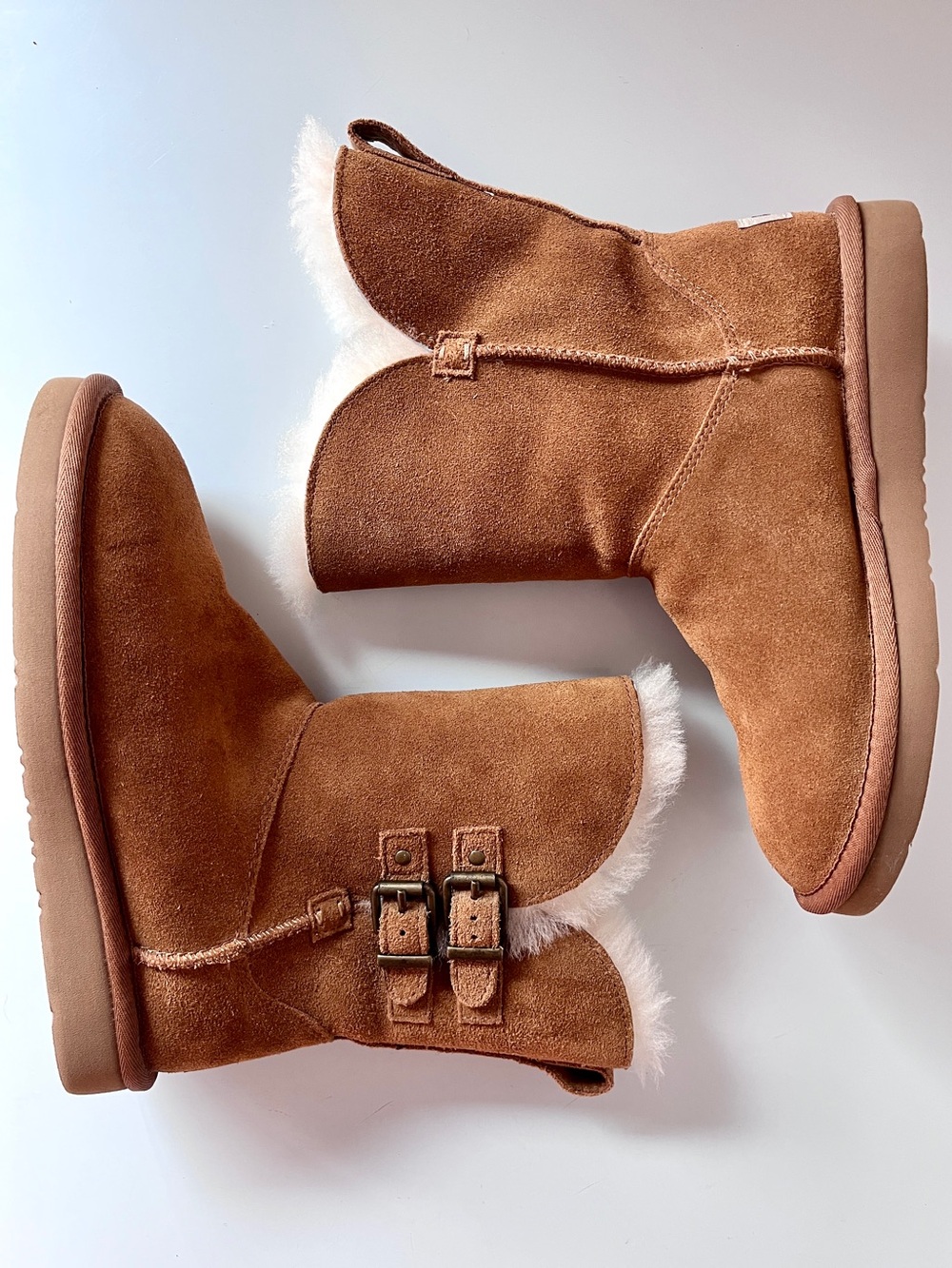 UGG Renley II Chestnut Suede Double Buckle Shearling Boots 6